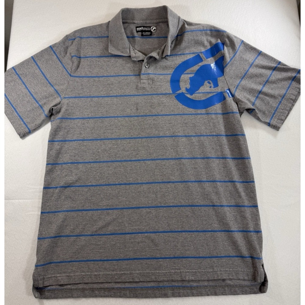 Ecko Unltd Mens Polo Shirt XL Gray Blue Striped Plastisol Rhino Vintage Y2K EUC